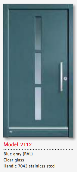UNILUX Model 2112 Blue Gray Door, Clear Glass, Stainless Handle, Security Lock, HighLine Modern Custom Timber Door